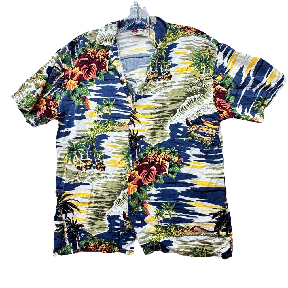 Hilo Hattie Shirt Womens Large Wood Button‎ Hawaiian Floral Camp Shirt Tropical